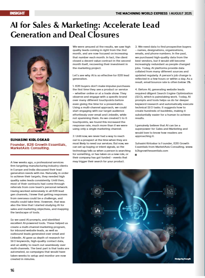 Suhasini Kirloskar's article, “AI for Sales & Marketing: Accelerate Lead Generation and Deal Closures”, in The Machining World Express